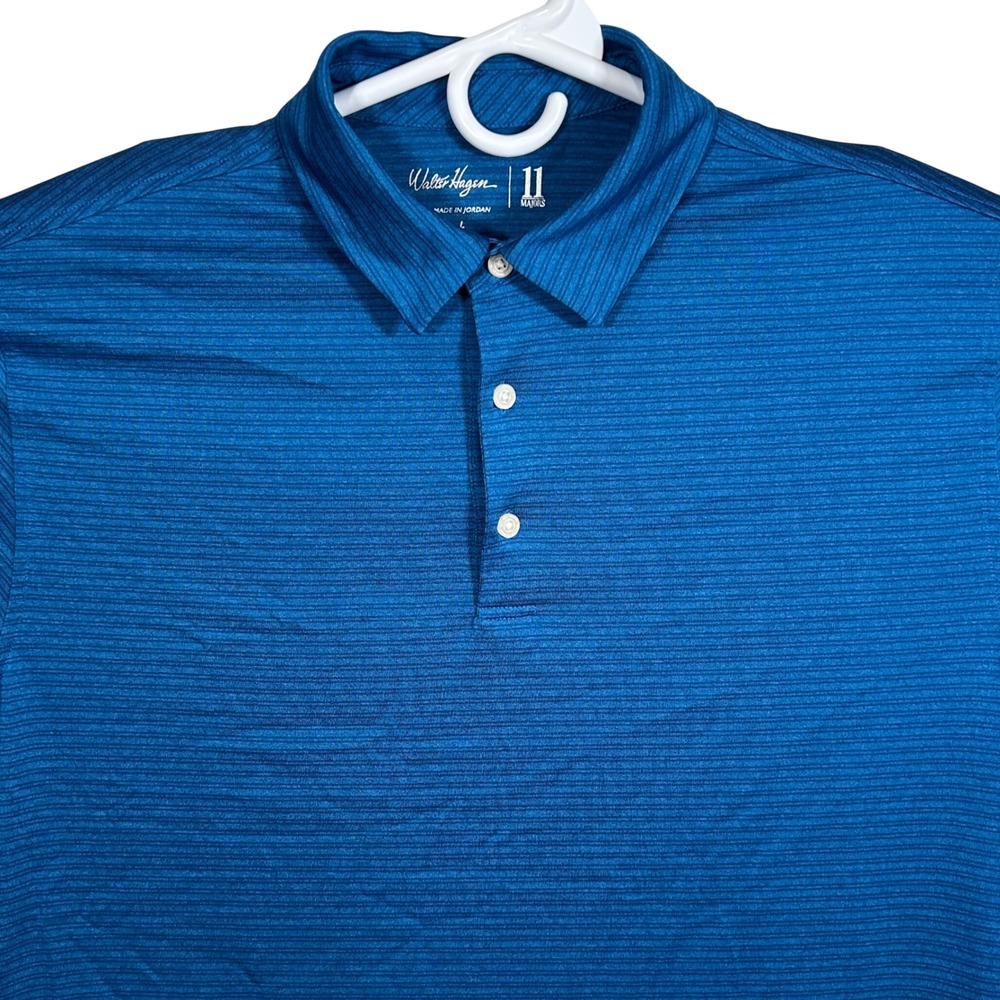 Walter Hagen 11 Majors Men's Large Blue Striped Short Sleeve Golf Polo Shirt